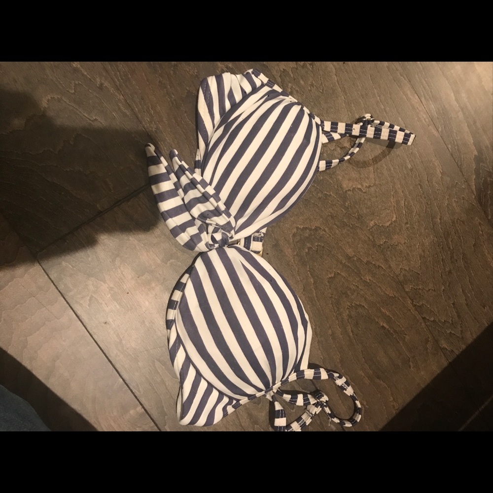 Dark blue/grey and white striped bikini top with tie in the middle